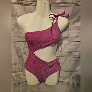 PINK One-Shoulder Cutout Swimsuit in Sparkly Pink XS